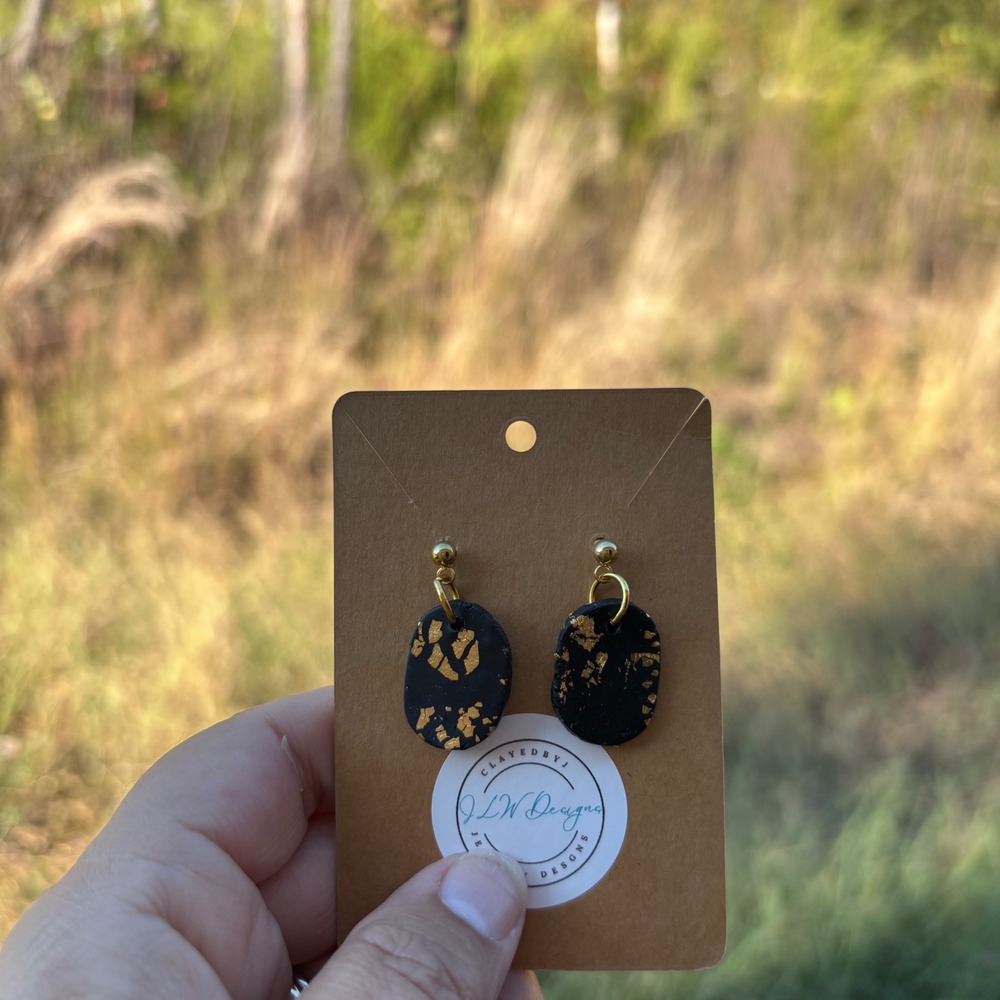 Handmade polymer clay Black and Gold Oval Drop Earrings Dangle Trendy Gift